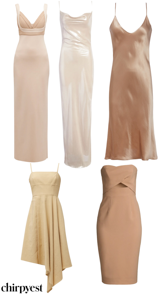 image containing tan and neutral colored wedding guest dresses
