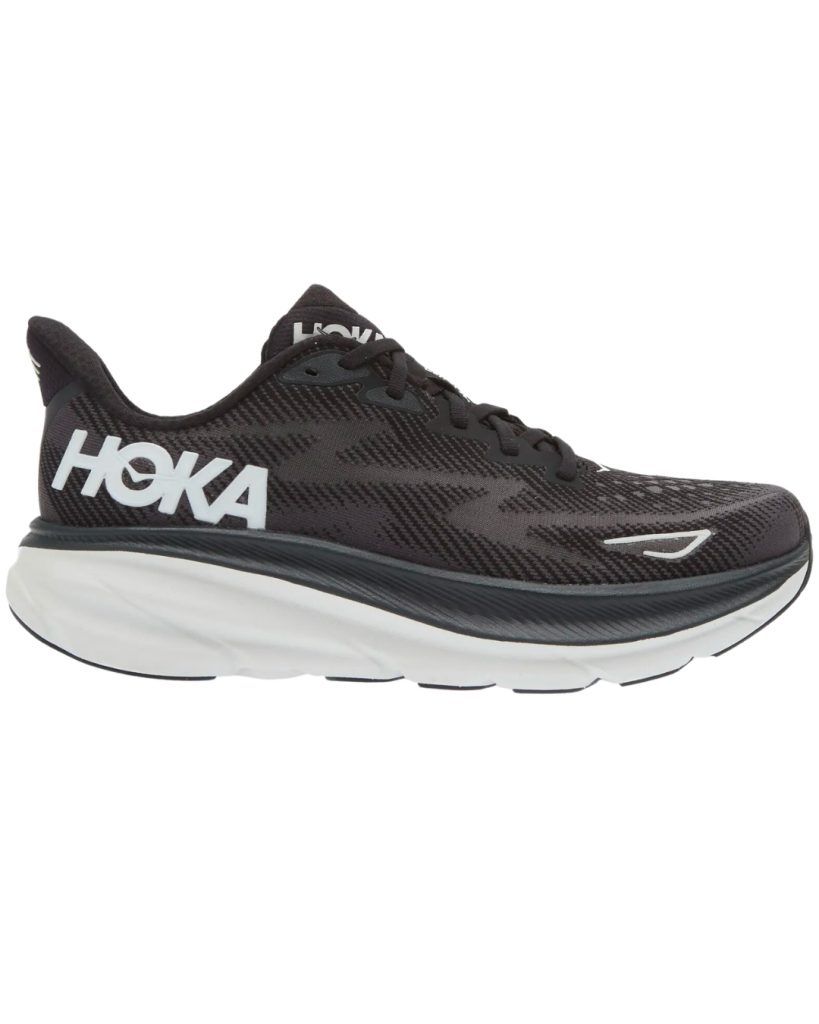 Black Hoka Clifton-9 Running Shoes on a black background
