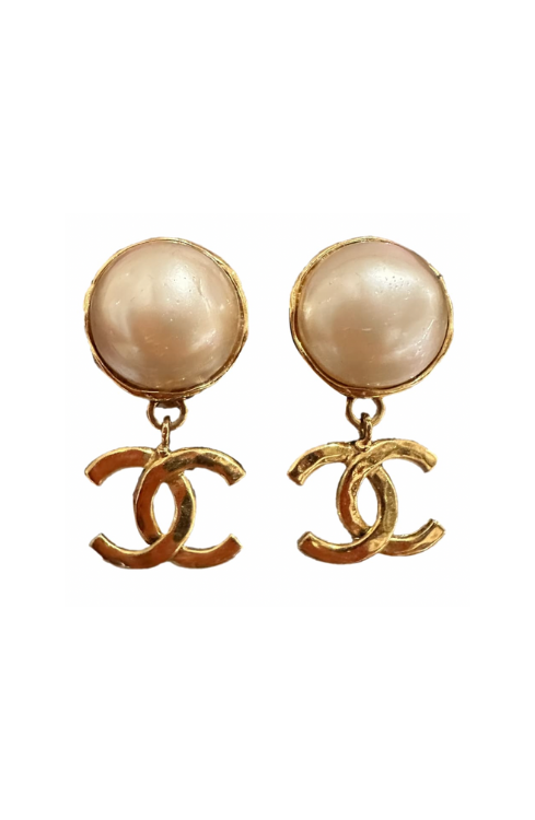 CHANEL Crystal Pearl Cutout Oversized CC Logo Dangle Earrings